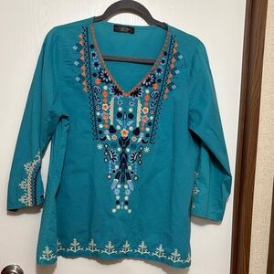 Camisa Tunic Large Embroidered Boho Top Teal Floral Peasant Hippie Gypsy Flowy